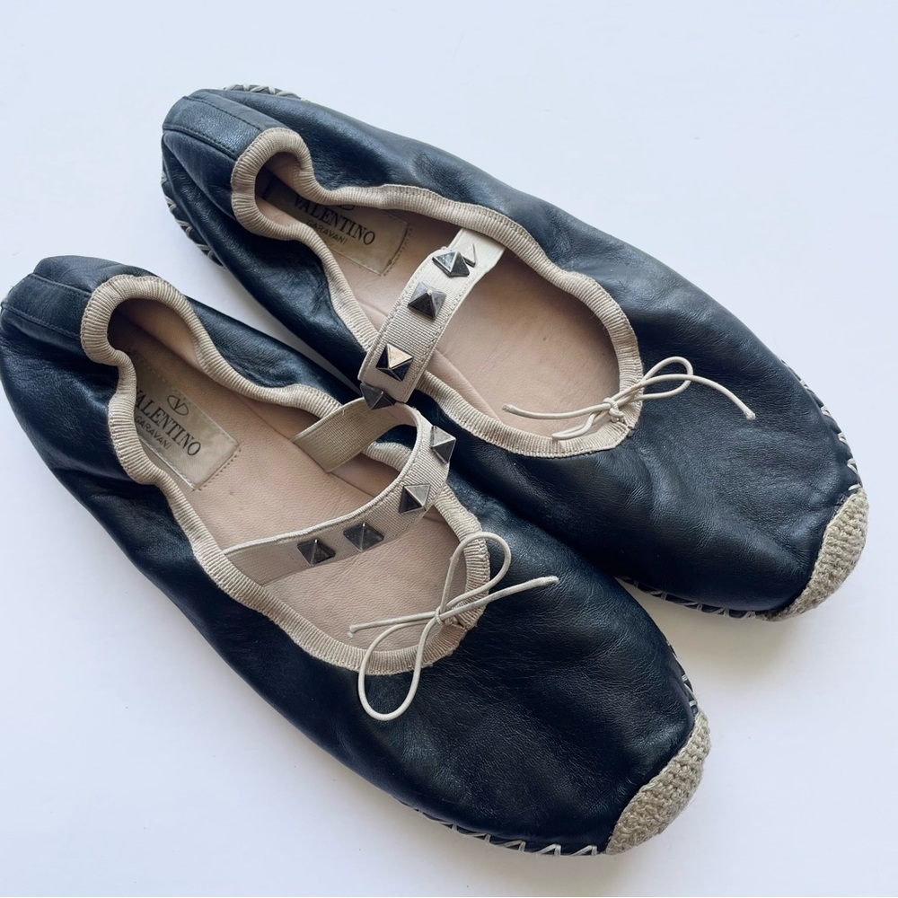Valentino Rockstud Black Leather Rockstud Ballet Flats Espadrilles‎